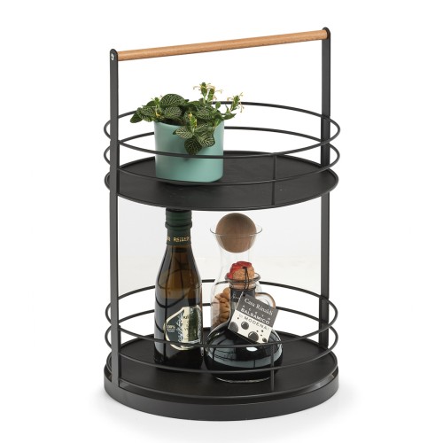 Serviertablett, Metall/Holz, schwarz. Ø: 285 mm. Höhe: 430 mm.