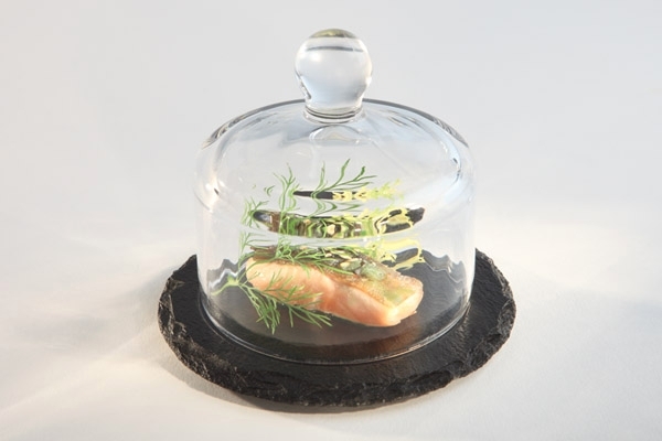 Naturschieferplatte, 2-teilig Ø 10,5 cm, H: 8 cm Materialstärke 6-9 mm mit Glashaube möbelschonende Füßchen gebrochene Kanten