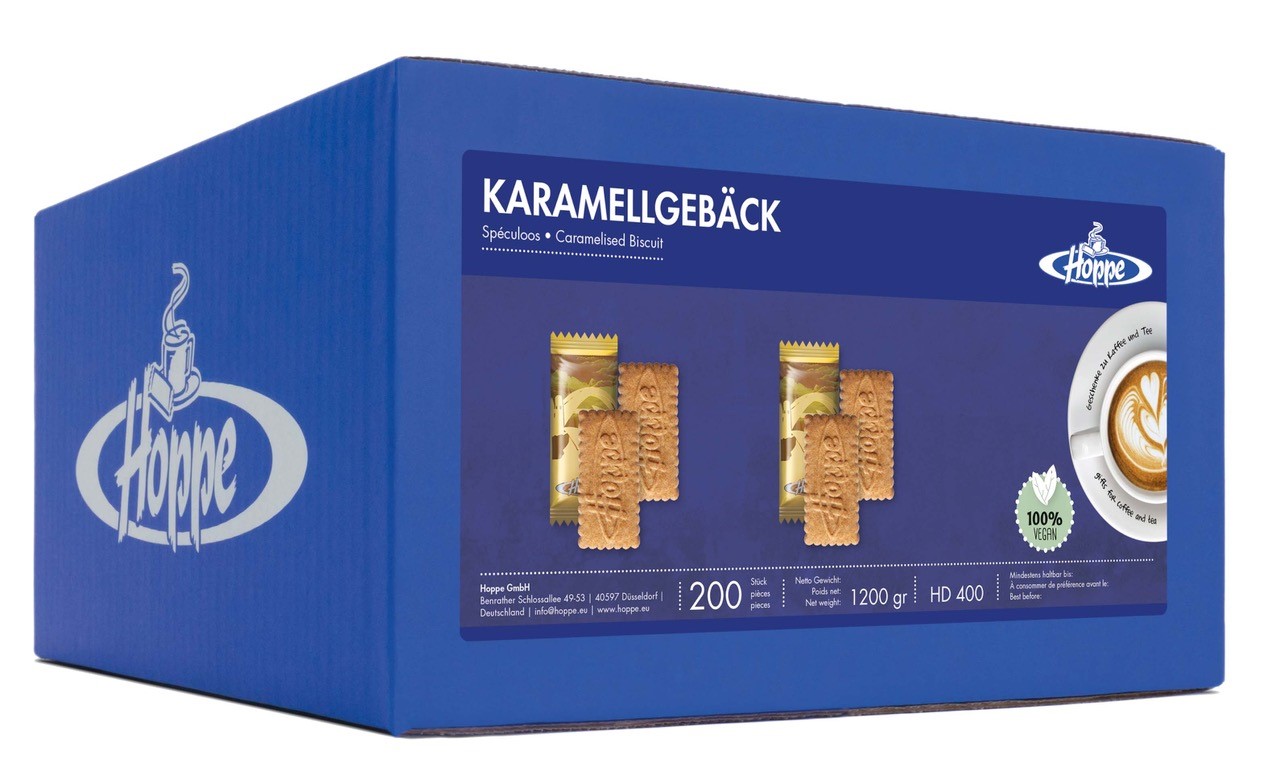 Karamellgebäck von Hoppe, 200 Stück im Karton. Jeder Keks einzeln hygienisch verpackt. Je 6 Gramm, gesamt ca. 1,2 kg.