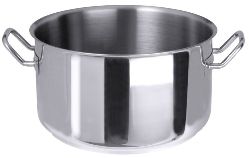 Fleischtopf mittelflache Form, aus Edelstahl 18/10, hochglänzend, mit Kaltgriffen und Schüttrand, 8 mm Sandwichboden, extra schwere