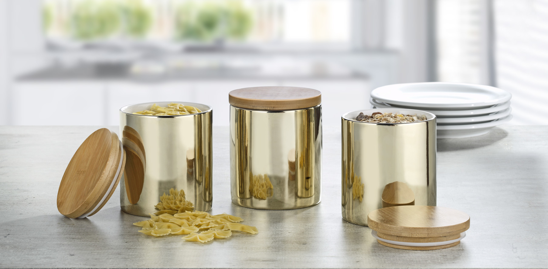 3-teiliges Vorratsdosen-Set GRENOBLE, Höhe 12 cm aus Porzellan, Farbe: Champagner (innen weiß)