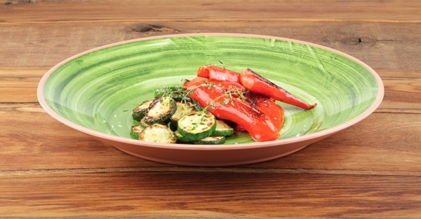 Tablett -LA VIDA- Ø 40,5 cm, H: 5,5 cm Melamin außen: Terrakottaoptik innen: Dekor in Grün spülmaschinengeeignet stapelbar