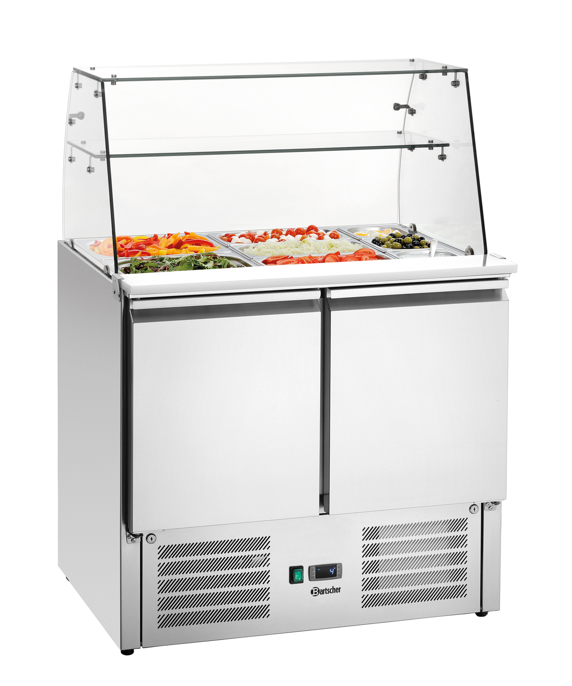 Bartscher Saladette 900T2 +GL | Tiefe GN-Behältermax.: 150 mm | Maße: 90 x 70 x 84,5 cm. Gewicht:63,5 kg