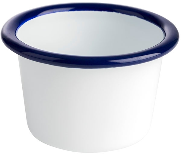 Schale -ENAMELWARE- Ø 7 cm, H: 4,5 cm, 0,08 Liter emailliertes Stahlblech innen: weiß außen: weiß Rand: blau