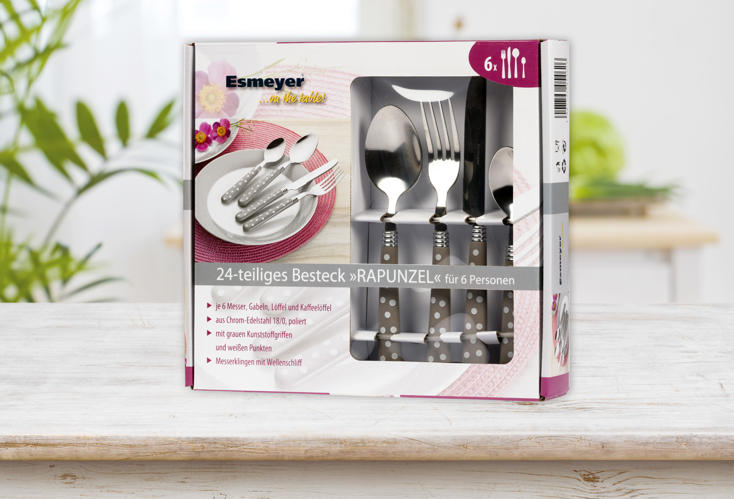 24-teiliges Besteck RAPUNZEL Edelstahl 18/0, poliert. Messer aus Klingenstahl. Die Kunststoffgriffe sind taupefarbend