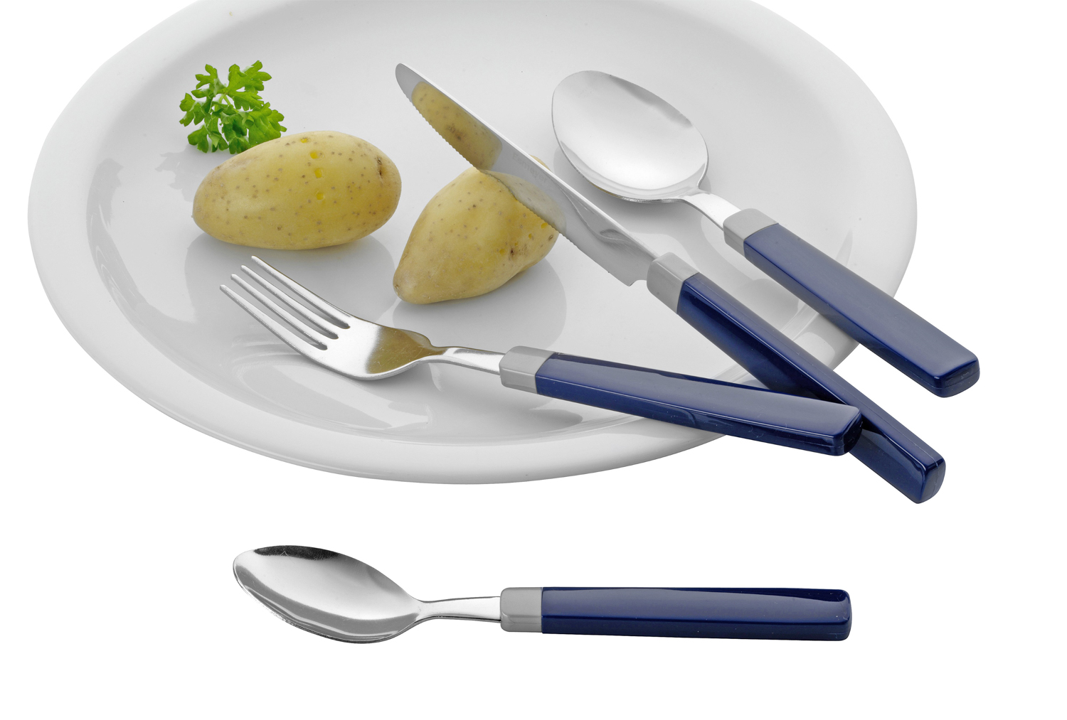 24-teiliges Besteck MIRA, Farbe: blau aus Edelstahl 18/0, trowalisiert. Messer aus Klingenstahl. Im runden Besteckkorb,