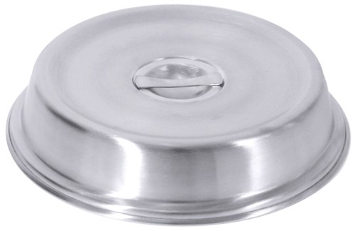 Tellerglocke, rund aus Edelstahl 18/10, matt geschliffen, konische Form, stapelbar (auch mit Teller), mit Steggriff und Rand,