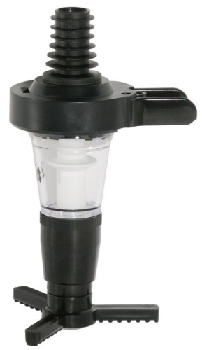 Spirituosen-Dosierer aus schwarzem Spezialkunststoff, Pfropfen in drei Größen auswechselbar (siehe Art. 349), Lieferung mit