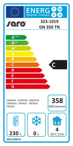 SARO Gewerbekühlschrank - 1/1 GN, Modell GN 350 TN - Material: (Gehäuse und Innenraum) Edelstahl - Tür selbstschließend, abschließbar - 3