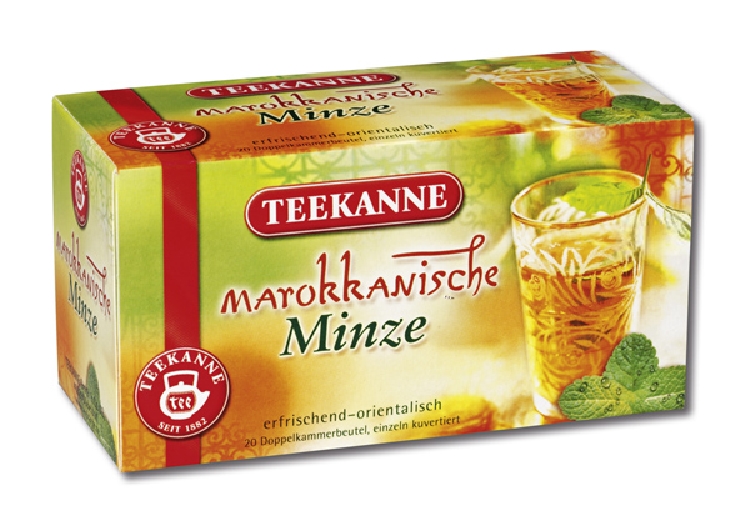 Teekanne Marokkanische Minze Inhalt: 20 Teebeutel à 1,8 g, einzeln kuvertiert.
