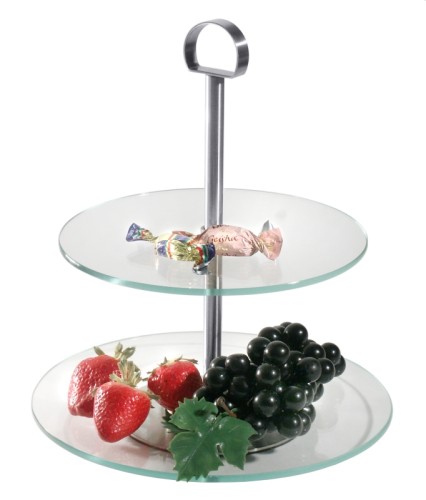 Glas-Etagere flache gehärtete Glasscheiben in einem Edelstahlgestell mit Tragering Durchmesser: 21 cm / 25 cm, Höhe: 29 cm