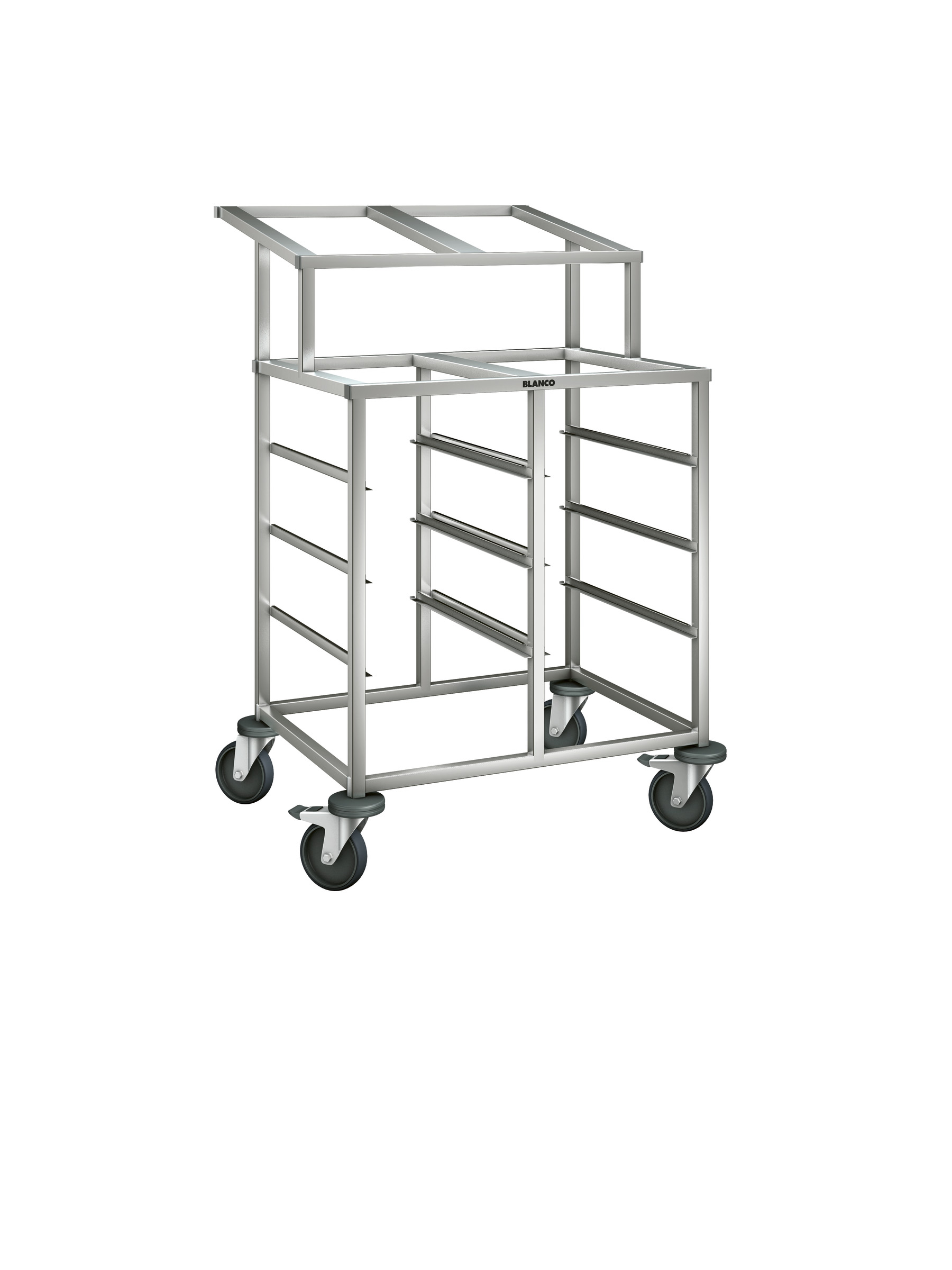 BLANCO Regalwagen a. rostfreiem Edelstahl mit stahlverzinkten Rollen, 2-teilig, m. Aufsatz, zum Einhängen von GN-Behältern, Auflagenpaare: 6 Paar