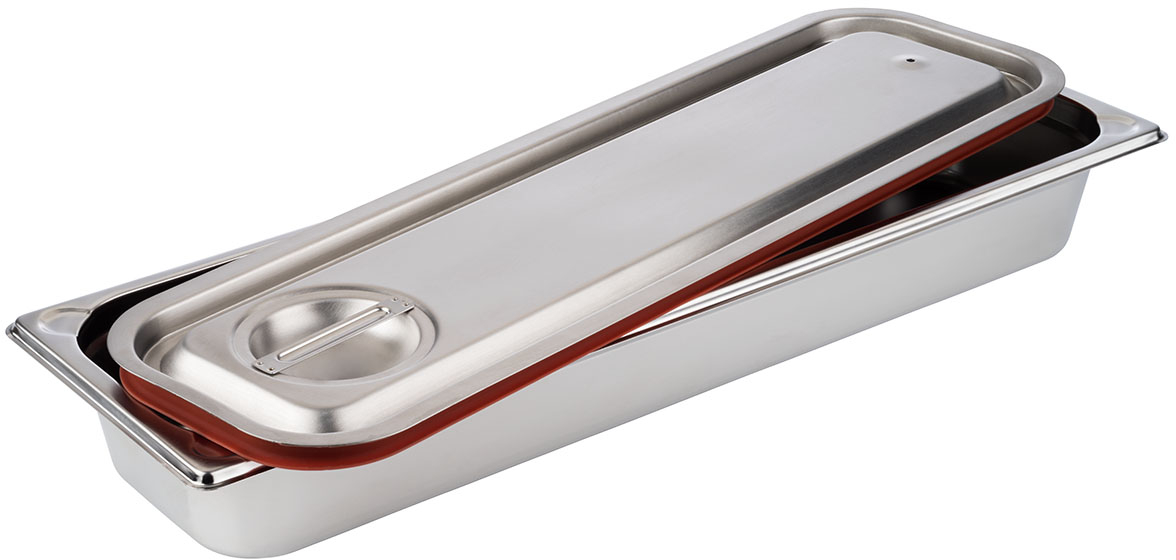 GN 2/4 Transport-Steck-Deckel 53 x 16,2 cm Edelstahl mit roter Silikondichtung für den schwappsicheren Transport Nicht für
