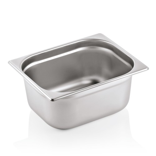GN 1/2 Behälter, Materialstärke 0,7 mm. Material: Chromnickelstahl 18/8. Serie: GN 90. Inhalt in Litern: 8,7. Maße: Höhe: 150 mm