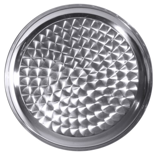 Tablett, rund aus Edelstahl 18/0, hochglänzend, Bodenfläche mit Holografie-Effekt gebürstet, gebördelter Rand, schwere Qualität