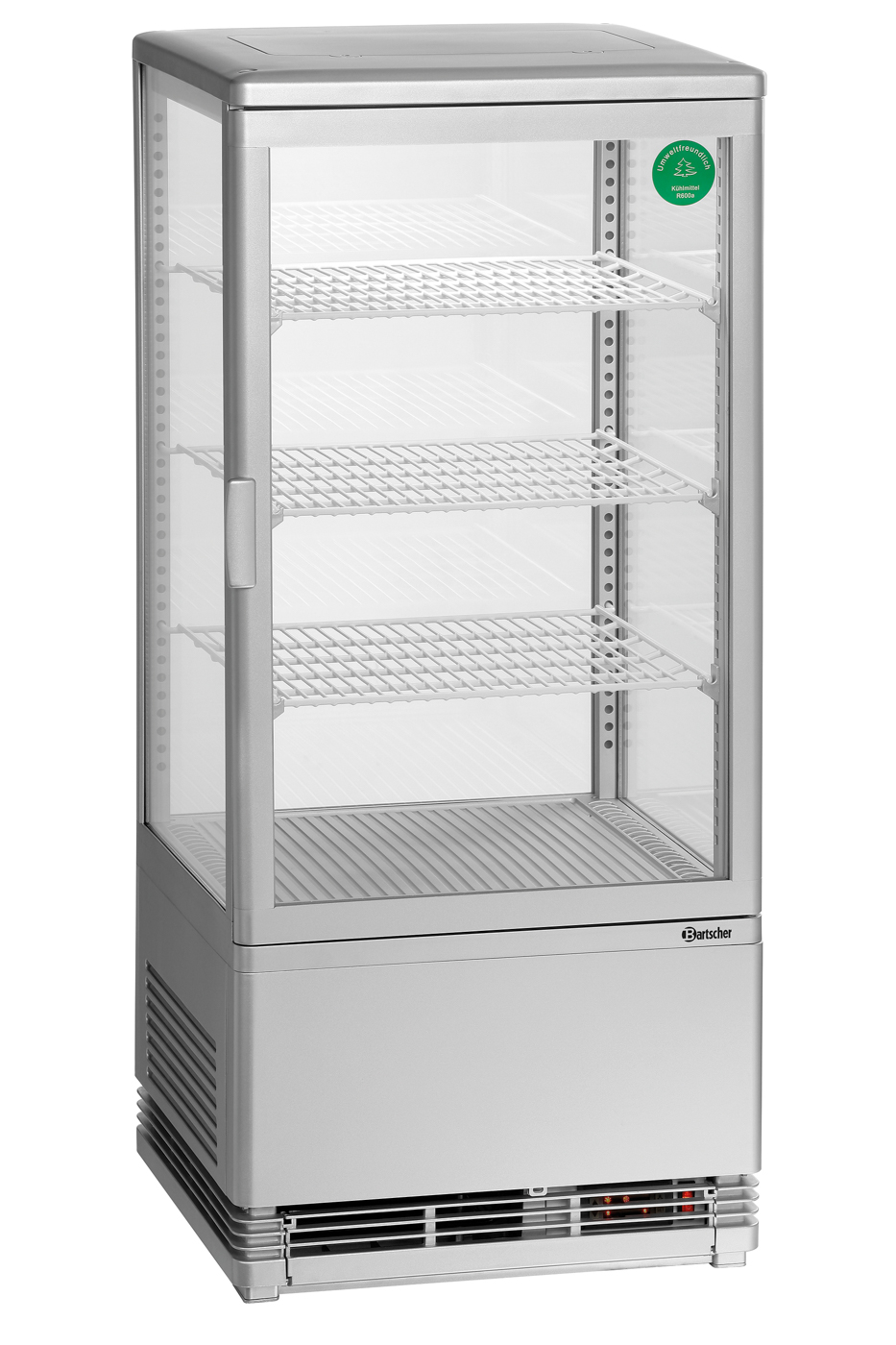 Bartscher Mini-Kühlvitrine 78L, silber | Art derVerglasung: Doppel-Verglasung | Maße: 43,5 x 38,5x 96,0 cm. Gewicht: 32,5 kg