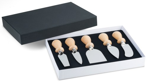 Käsemesser Set, 5-teilig aus Chrom-Molybdän- Vanadium-Klingenstahl, mit hellen Buchenholzgriffen, ideal für Käse-Buffets,