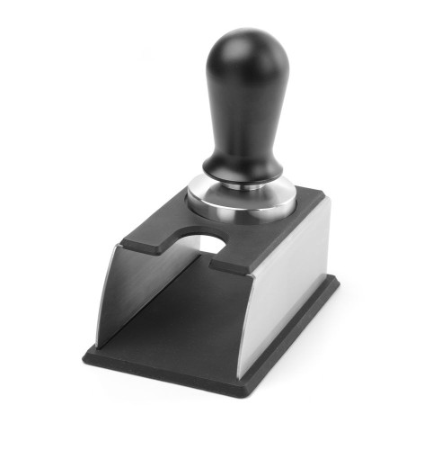 Tamperstation mit Aussparung als Auflage eines Siebträgers beim Stampfen. Mit runder Tamperablagefläche.