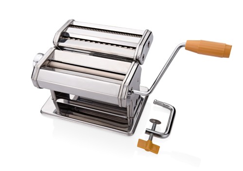 Pastamaschine. verchromt/Walzen vernickelt. mit Tischhalterung und Aufsatz für 2 und 6 mm