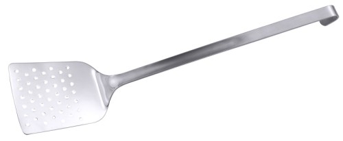 Kippbratpfannenschaufel mit perforiertem Blatt, aus Edelstahl 18/10, hochglänzend, fugenlos, 3,5 mm Lochung Schaufelmaß: 10,5 cm x