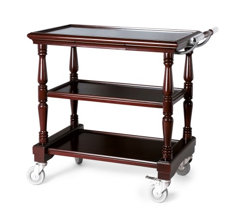 Servierwagen. Rahmen aus Birkenholz, furniert und lackiert, Borde aus MDF, Handgriff aus