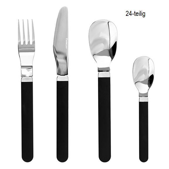 24-tlg. Besteck JOY, aus Edelstahl 18/10, poliert, mit schwarzen Kunststoffgriffen. Messer aus Klingenstahl.