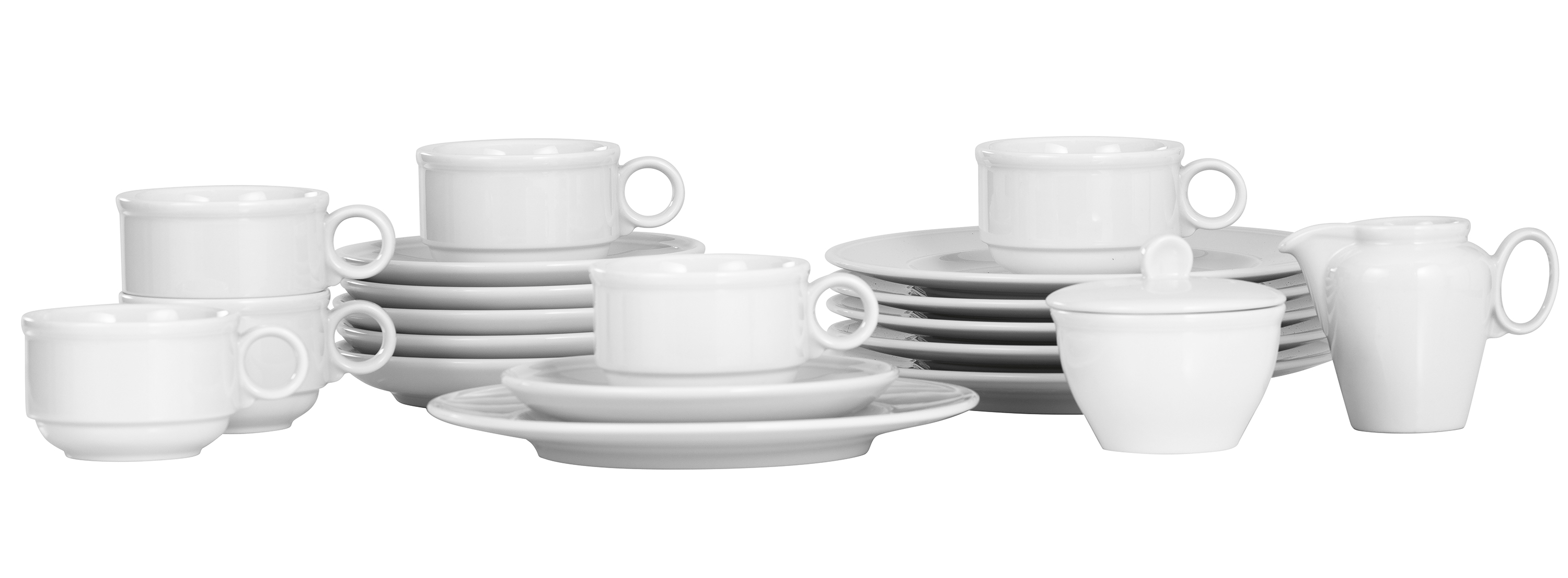 20-teiliges Sparset COME4TABLE v. Bauscher, aus weißem Porzellan. Je 6 Obertassen stapelbar 0,18l, 6 Untertassen 15,1cm, Dessertteller 21,0 cm,