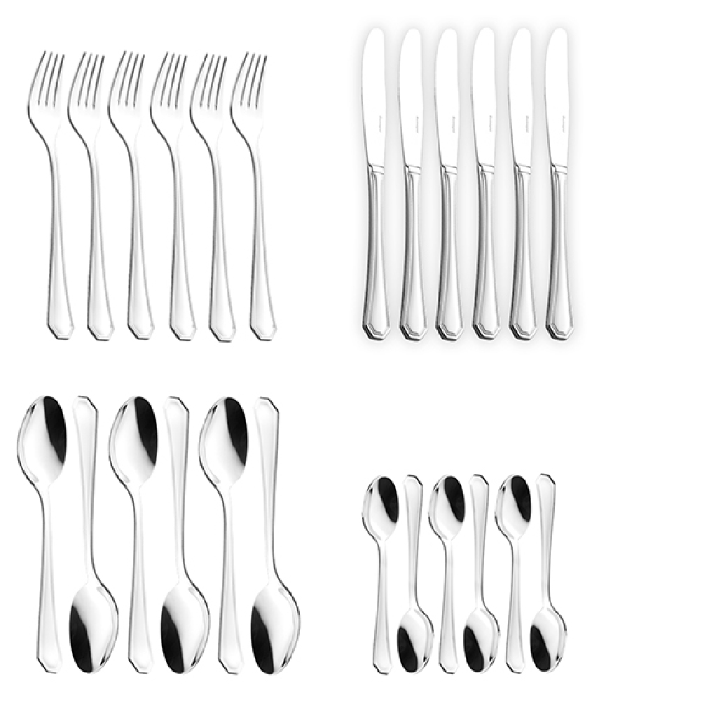 24-teiliges Besteck MODENA aus Edelstahl 18/10, poliert. Messer aus Klingenstahl.