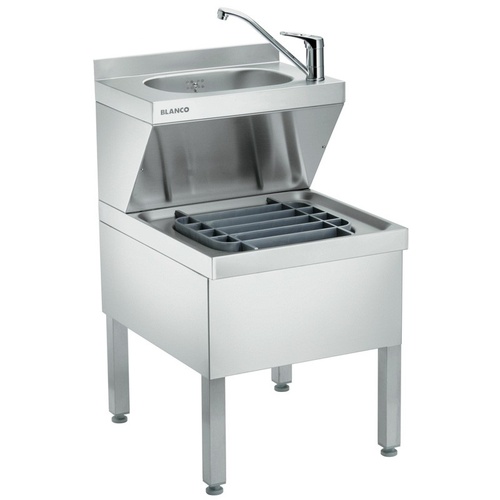 BLANCO Handwasch- und Ausgussbecken-Kombination auf Füßen stehend, komplett mit 1 Mischbatterie 1/2", Auflagerost aus Kunststoff und