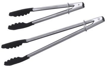 Allzweckzange aus Edelstahl 18/0, hochglänzend, mit Feder und Verschlussschieber, dekorative Greiferform aus Nylon.