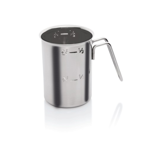 Messbecher, mit 250 ml Skalierung. Material: Chromnickelstahl. Inhalt in Litern: 1. Durchmesser: 11,5 cm. Maße: Höhe: 135 mm