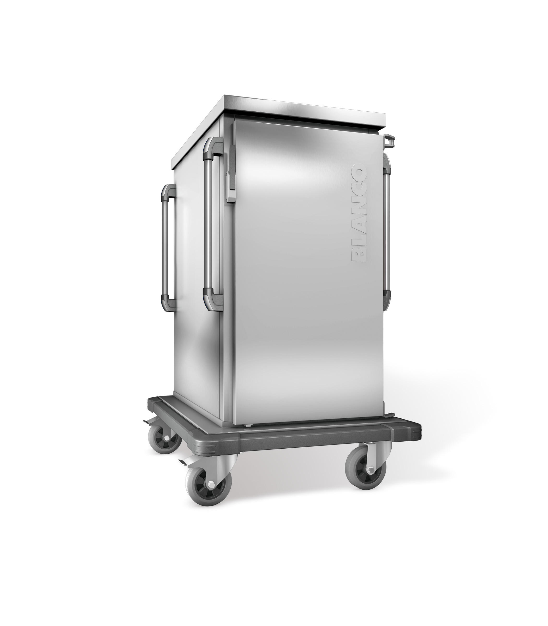 BLANCO Tablett-Transportwagen, doppelwandig, isoliert, 1 Flügeltür / 1 Schrankraum, 4 stahlverzinkte Rollen Ø 160 mm, 2 Bockrollen und