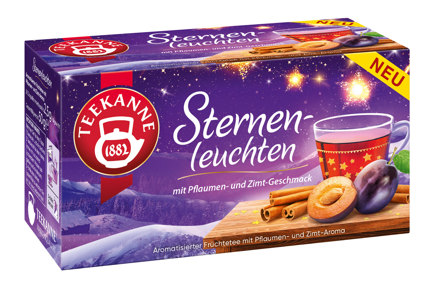 Teekanne Winter-Tee Sternenleuchten Inhalt: 20 Beutel Rooibostee mit Pflaume-Zimt-Aroma