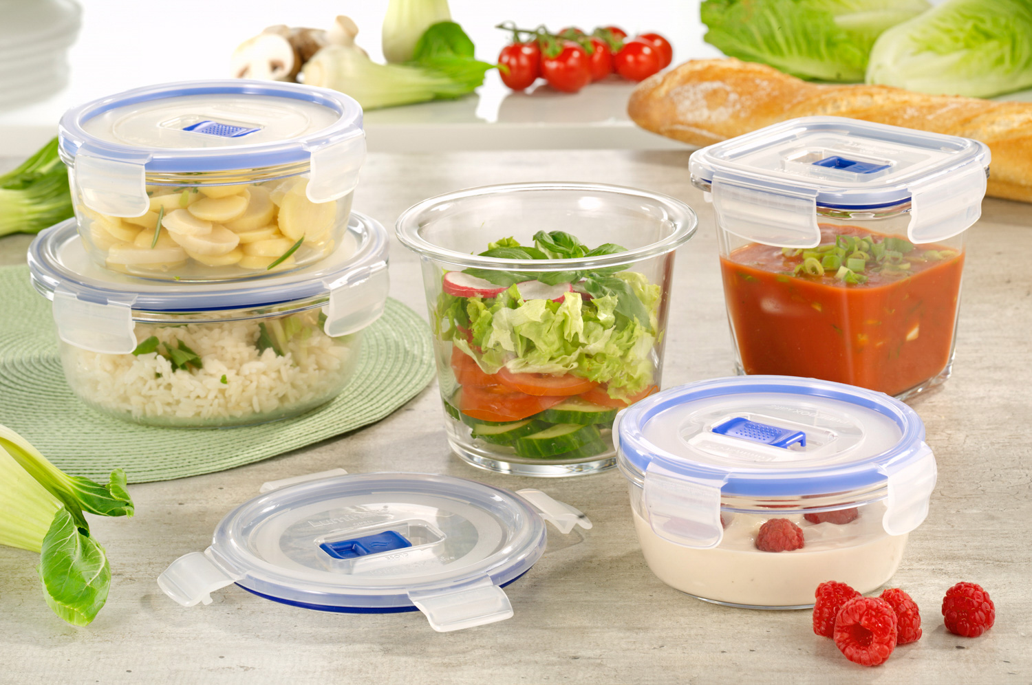 Pure Box Active rechteckig 122cl m. Dkl. * - Luminarc Transparent (gehärtet) / - blauer PP Deckel m.Ventil