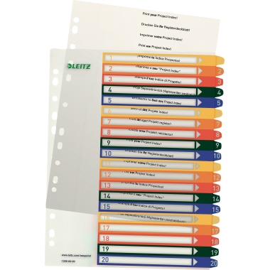 Leitz Zahlenregister DIN A4, Überbreite 1-20 Polypropylen mehrfarbig, Maße: 24,5 x 30,5 cm (B x H), Verwendung für