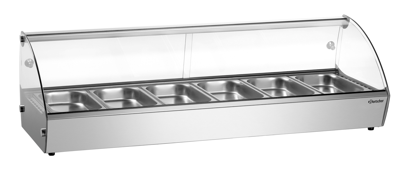 Bartscher Heiße Aufsatzvitrine R6 6 x 1/3 GN |Temperaturbereich von: 30 °C | Maße: 113,5 x 42 x33,5 cm. Gewicht: 24,7 kg