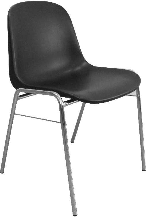 Schalenstuhl aus Kunststoff, Farbe: schwarz, Gestell: Metall verchromt, Stapelhöhe: bis zu 6 Stühle