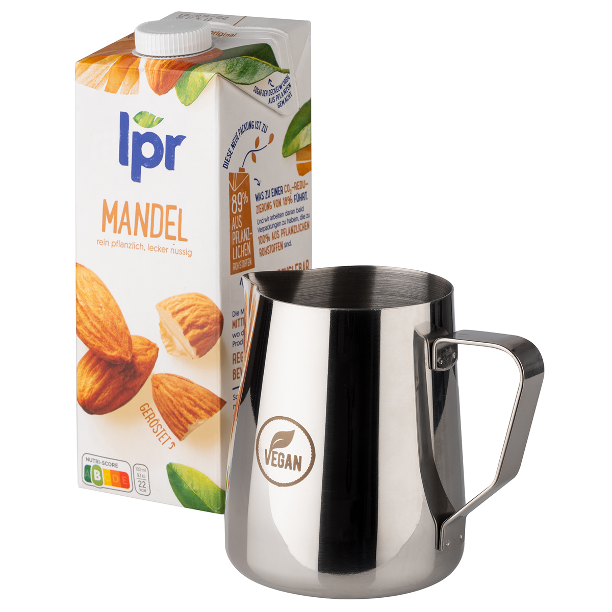 Milch- / Universalkanne, Ø 10,5 cm, H: 13 cm, 0,8 Liter, Edelstahl, außen hochglanzpoliert, innen matt poliert, mit Gravur: VEGAN