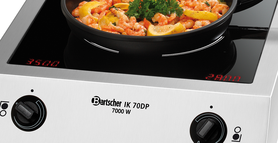 Bartscher Induktionskocher IK 70DP | Leistung bei Leistungszuschaltung, Kochstelle hinten max.: 2000 W | Maße: 40,8 x 70 x 145 cm. Gewicht: 16,2