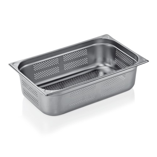 GN 1/1 Behälter, Boden- und Seitenlochung. Materialstärke 0,6 mm, Randverstärkung durch geprägte U-Ecken. Material: Chromnickelstahl.
