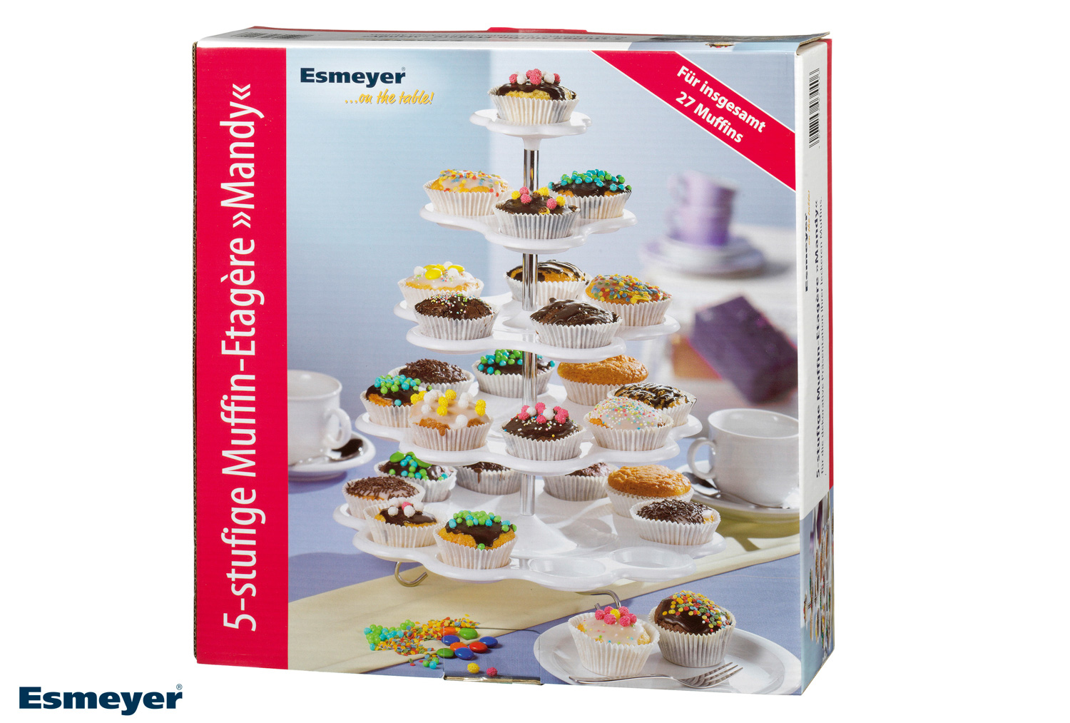 5-stufige Muffinetagere MANDY Material: Kunststoff, Höhe gesamt: ca. 33,0 cm. Durchmesser der untersten Platte ca. 31,0 cm,