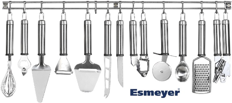 13-tlg. Küchenleiste OLIVER aus Edelstahl poliert, mit 12 praktischen Küchenhelfern und einer Aufhängeleiste, Griffe matt gebürstet.