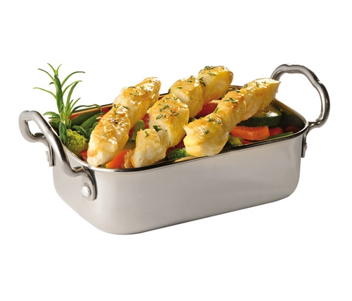 Mini-Servierpfanne 14,5 x 9,5 cm, H: 4,5 / 7,5 cm Edelstahl, Griffe je 1,5 cm 0,5 Liter -SNACKHOLDER- spülmaschinengeeignet