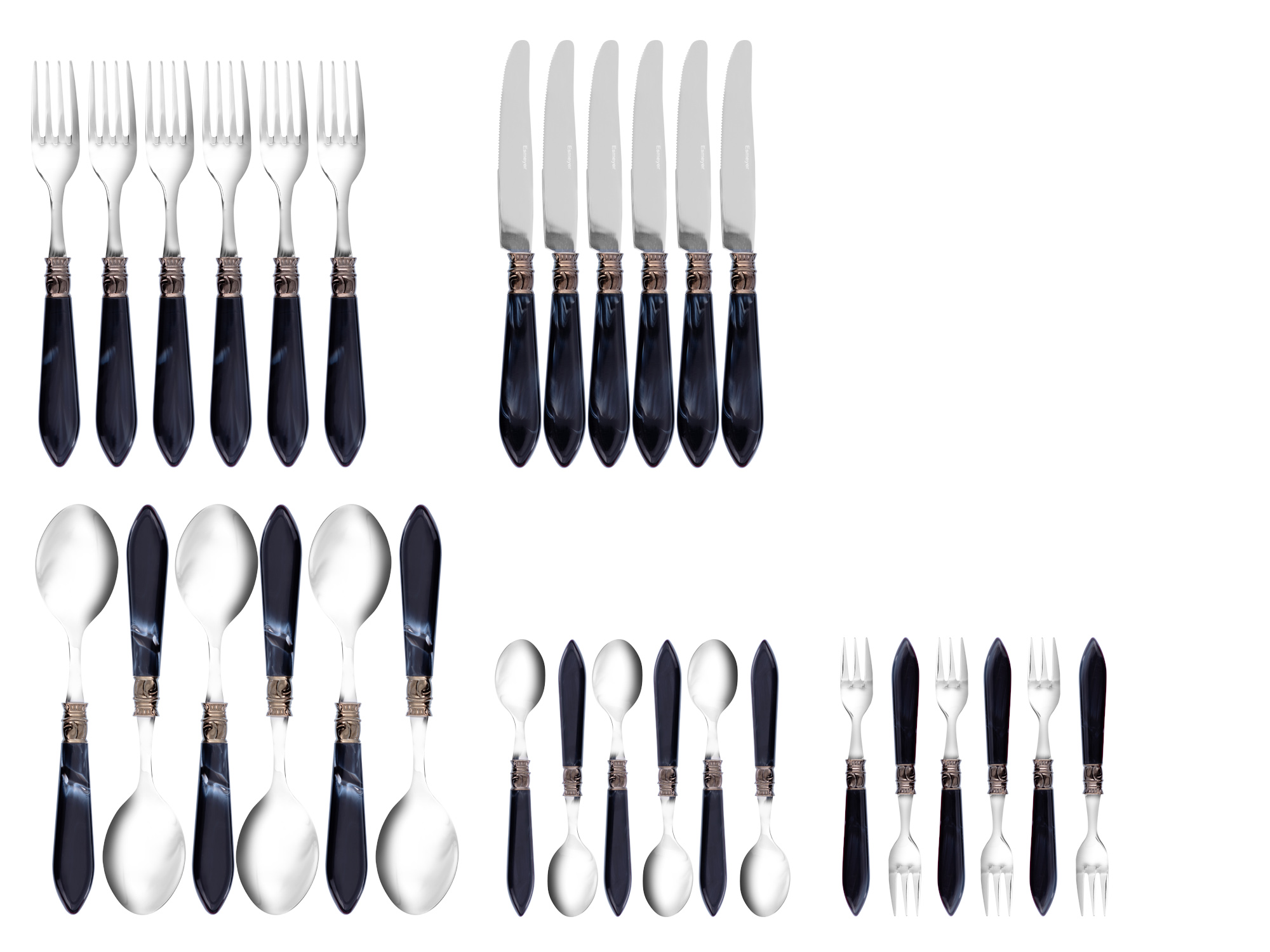 30-teiliges Besteck HELENA, schwarz aus Edelstahl 18/10, poliert. Messer aus Klingenstahl.