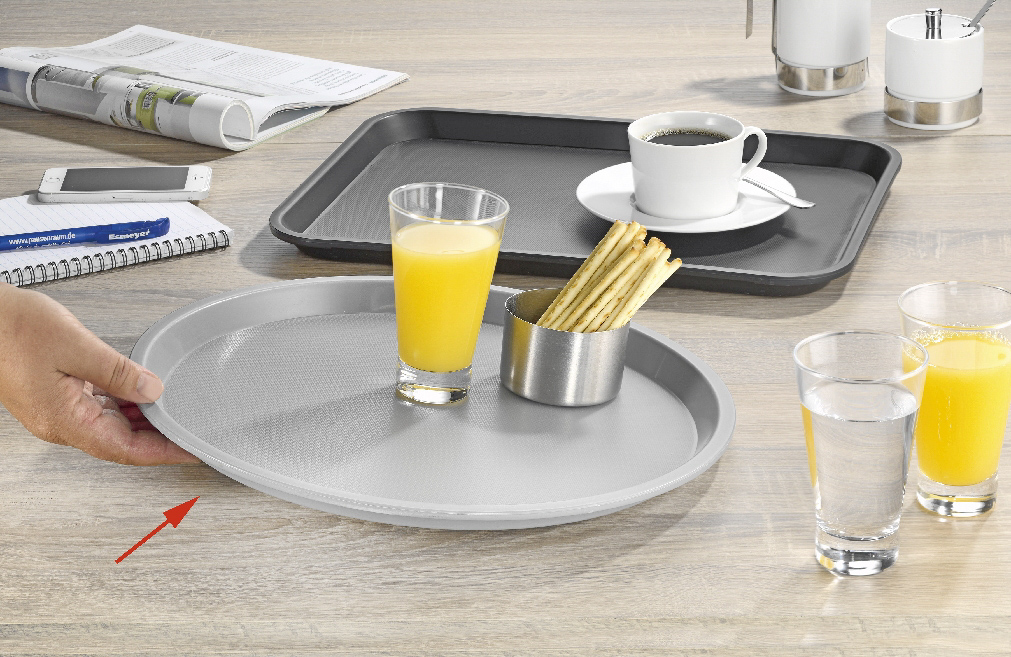 Serviertablett "OHIO", aus Kunststoff, Grau, rund, Maße ca.: Ø 36,5cm x H 2 cm, spülmaschinengeeignet, stapelbar,