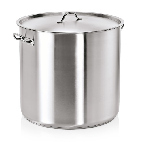 Suppentopf mit Deckel, mit Kapselboden und angenieteten Kaltgriffen. Material: Chromstahl 18/0. Inhalt in Litern: 94. Durchmesser: 50 cm.