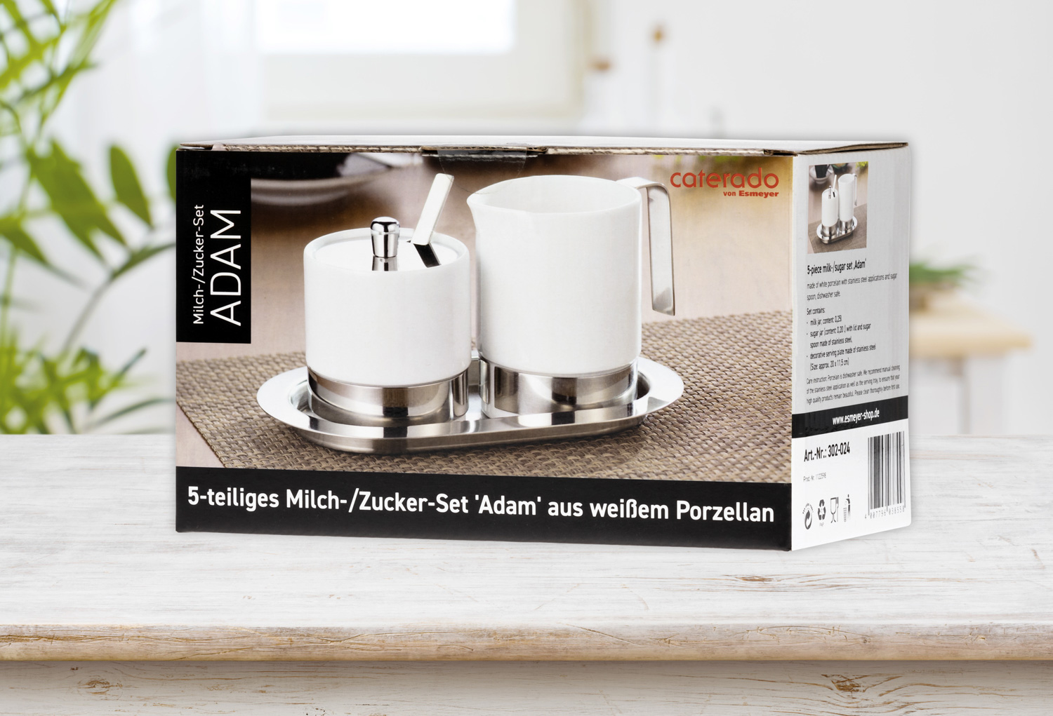 5-teiliges Zucker- und Sahneset ADAM, aus weißem Porzellan und Edelstahl