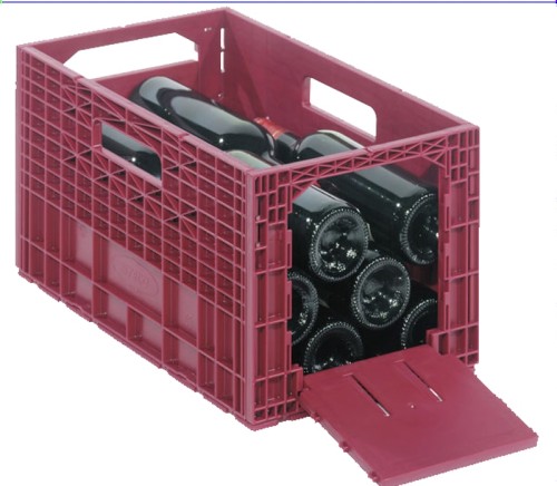 Weinkiste , weinrot aus robustem Polypropylen,  liegende Lagerung von 12 Flaschen 0,75 l (Wein) oder 8 Flaschen 1 l (Sekt),