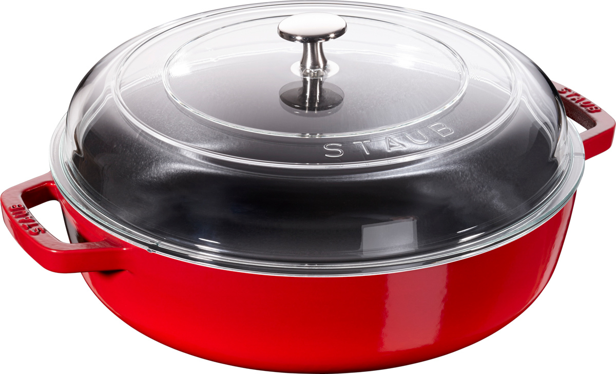 Schmorpfanne mit Glassdeckel, 28 cm, rund, Gusseisen, Kirsch-Rot, Serie: Braisers. Marke: Staub
