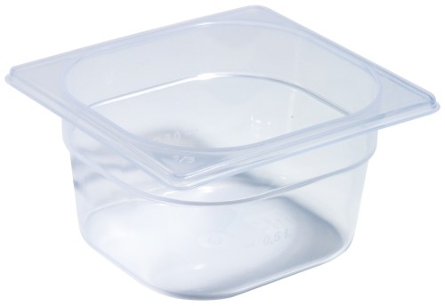 GN-Behälter 1/6 aus Polypropylen, milchig-transparent, mikrowellentauglich, tiefkühl- und spülmaschinengeeignet,
